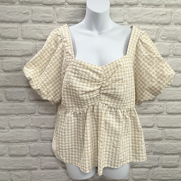 Tops - Cream Gingham Peplum Puff-Sleeve Top